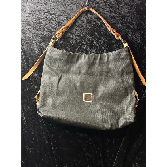 Dooney & Bourke Coated Canvas Hobo Shoulder Bag Black with Natural Leather Trim - Picture 1 of 16